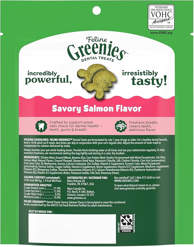 Greenies Feline Veterinarian-Recommended Adult Natural Dental Cat Treats, Savory Salmon Flavor, 4.6 oz. Pouch