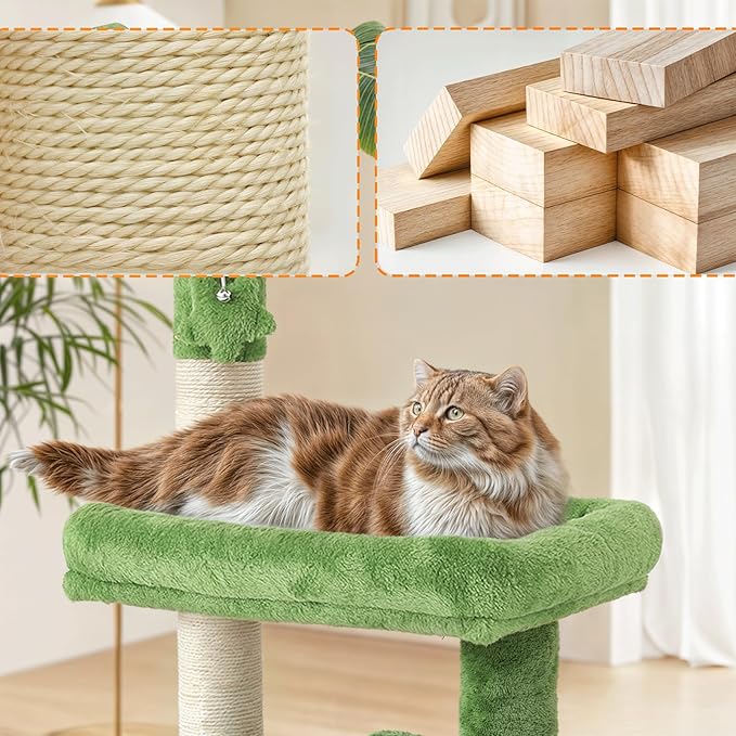 Athena Collection Small Cat Tree Tower with Scratching Post, 32 Inch Modern Cute Cat Tree Condo with Cozy Perch Haing Ball Green Leaves for Kittens Indoor Playing, Green
