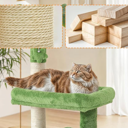 Athena Collection Small Cat Tree Tower with Scratching Post, 32 Inch Modern Cute Cat Tree Condo with Cozy Perch Haing Ball Green Leaves for Kittens Indoor Playing, Green
