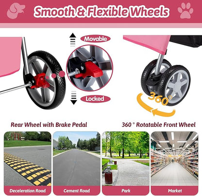 Azaeahom Pet Stroller, 4 Wheels Pet Strolling Cart for Medium/Small Dogs and Cats, Foldable Cat Jogger/Dog Stroller with Cup Holder, Storage Basket, Breathable Mesh, All-Season Pet Carrier, Pink