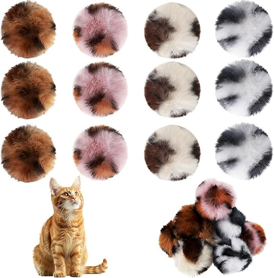 12 Pcs Cat Pom Pom Balls, 2 in Fuzzy Balls for Cats, Soft Faux Fur Cat Pompom Ball, Cats Pets Interactive Playing Ball Indoor(4 Color Leopard Style)