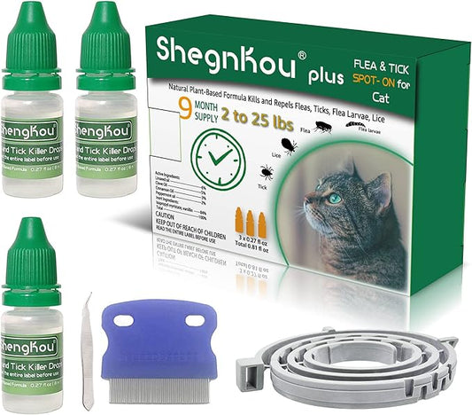 Natural Flea Treatment for Cats (2-25 lbs) | 9-Month Supply with Comb, Tick Tool & Repellent Collar, Vet-Reviewed Formula
