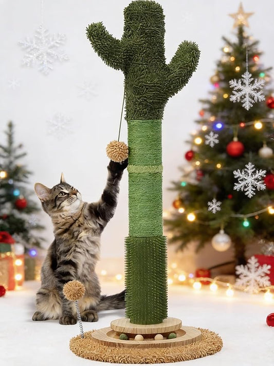 OTOB 36" Tall Cat Cactus Scratching Post, Natural Sisal Rope Cat Scratcher Post, Vertical 6-in-1 Interactive Turntable Cat Scratch Post with Soft Ball Toys, Protect Your Furniture (Green/Brown)