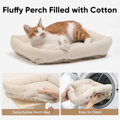 FUKUMARU Cat Scratching Post, Modern Style Tall Scratch Posts with Perch for Infoor Cats Adults, Large Cat Scratcher Tower with Bed, Small Tree with Raised Stand, Natural Sisal & Solid Wood