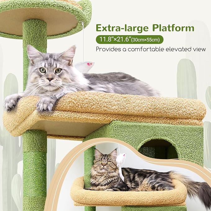 Globlazer Heavy Duty Cactus Cat Tree for Large Cats, Sturdy 72in Maine Coon Cat Tree for Large 20 lbs+ Cactus Cat Tower for Adult Biggest Cats with 6 Scratching Posts, Hammock, S72, Green