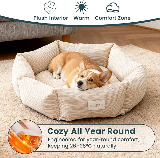 Petinstinct Medium Dog Bed, 30 Inch Washable Corduroy Dog Bed with Removable Cover & Anti-Slip Bottom, Durable Comfort for Medium to Large Dogs up to 45 lbs (Cream White)