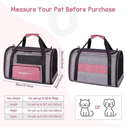 BurgeonNest Cat Carriers for Medium Puppy Under 25 lbs, Pet Carrier for Cats with Unique Side Bag,Top Load Small Pet Bag Soft-Sided Escape Proof with 4 Ventilated Windows