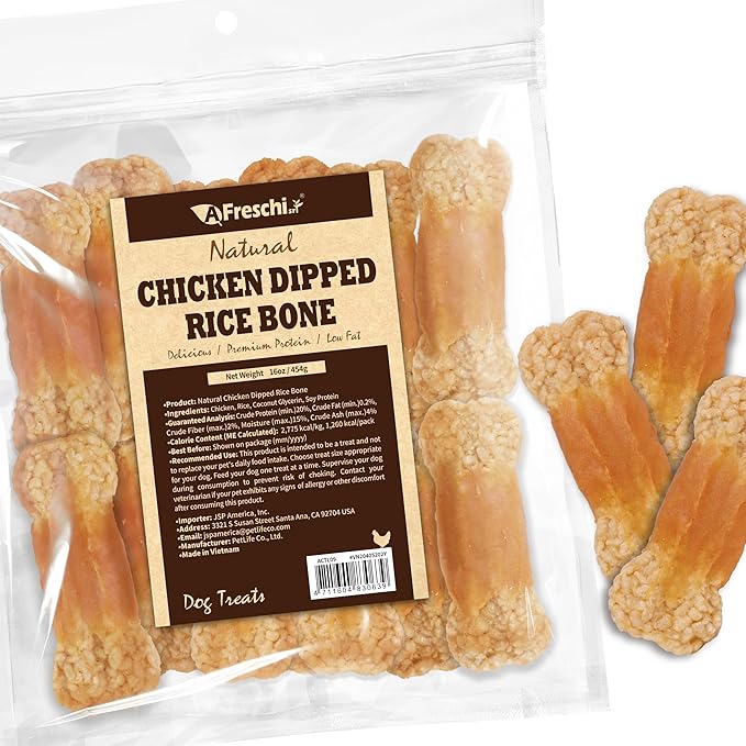 Afreschi Chicken Dog Treats, All Natural, Healthy & Easily Digestible, Grain-Free Puppy Chews, Low-Fat, Human Grade Training & Rewards Dog Snacks, Rice Bone, 16 oz Pack