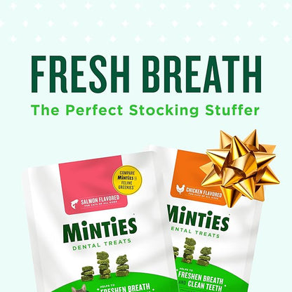 Minties Dental Treats for Cats, Salmon Flavored Treats for Cats, Freshens Breath and Controls Tartar, 30oz (12 2.5oz Bags)