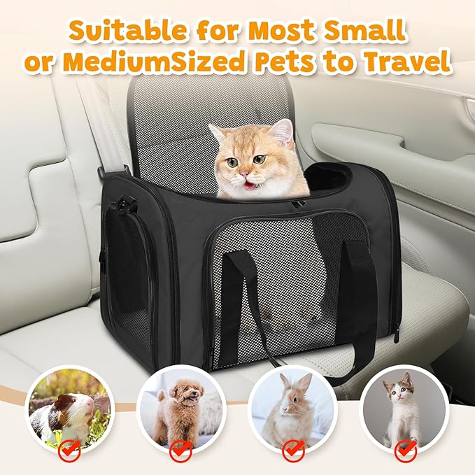 Cat Carrier Soft for Pets Up to 15 Lbs, Cat Travel Bag Soft-Sided with Padded Shoulder Strap, Pet Dog Carriers for Small Dogs Travel Puppy Carry Airline Approved, Black