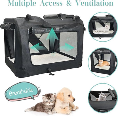 Fhiny Large Cat Carrier for 2 Cats, 24"x17"x17" Soft Dog Crate Collapsible Portable Travel Pet Carrier Bag Durable Breathable Foldable Kitten Carrier Bag for Cats Puppy Under 45 Lbs Black