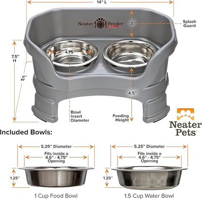 Neater Feeder Deluxe Mess Proof Cat Bowls Elevated for All Breeds – Made in USA – No Spill Raised Cat Bowls for Indoor Cats w/Leg Extensions – Stainless Steel Cat Food and Water Bowl Set - Grey