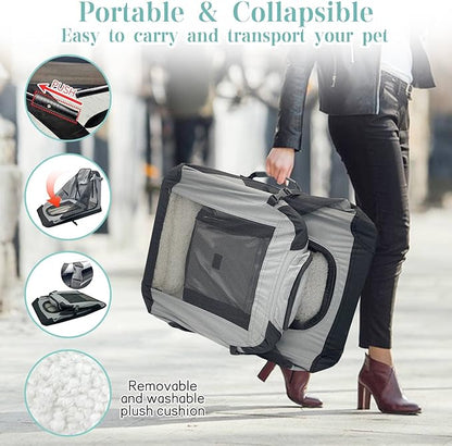 Fhiny Large Cat Carrier for 2 Cats, 24"x17"x17" Soft Dog Crate Collapsible Portable Travel Pet Carrier Bag Durable Breathable Foldable Kitten Carrier Bag for Puppy Cats Under 45 Lbs Grey