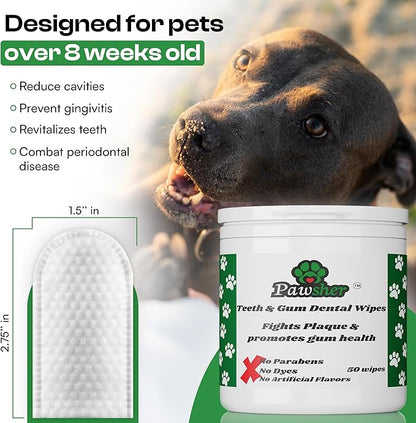 Dog Teeth Cleaning Wipes - Natural Coconut Oil & Aloe - Dental Wipes for Dogs - No-Rinse Pet Dental Finger Wipes - 50 Count