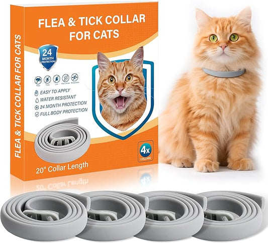 4 Pack Flea and Tick Collar for Cats - 20" Adjustable Collar Fits Cat, Long-Lasting 24-Month Protection for Small, Medium, and Large Cat - Waterproof Flea Tick Prevention