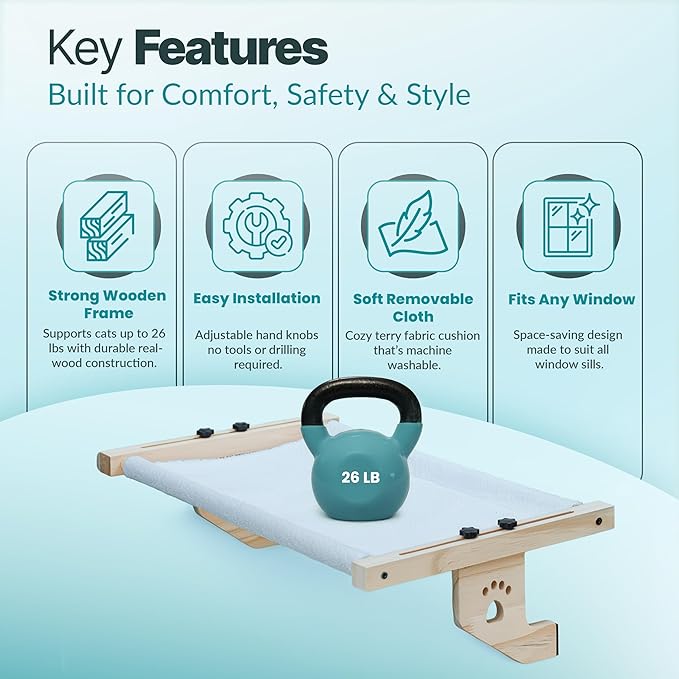 Cat Cuddles Adjustable Wooden Cat Window Perch - Sill-Mounted Cat Hammock Bed & Sturdy Window Seat for Large & Indoor Cats - Tool-Free Install, Washable Cushion