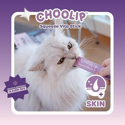 Choolip Squeeze Vita Stick Lickable Cat Treats & Dog Puree – 7-Count Skin & Coat Support Tubes, Creamy Grain-Free High-Protein Puree with Omega 3, Biotin & Vitamins for Healthy Fur & Skin