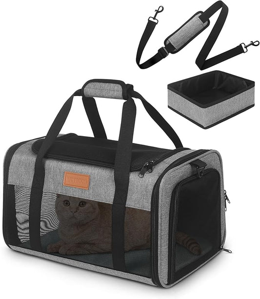 PETUX Airline Approved Cat Carrier or Small Cat up to 12 lb - 17x11x9.5 in Underseat, Top & Side Entry Pet Carrier with Breathable Anti-Scratch Mesh & Litter Box for Travel and Vet Visit - Grey