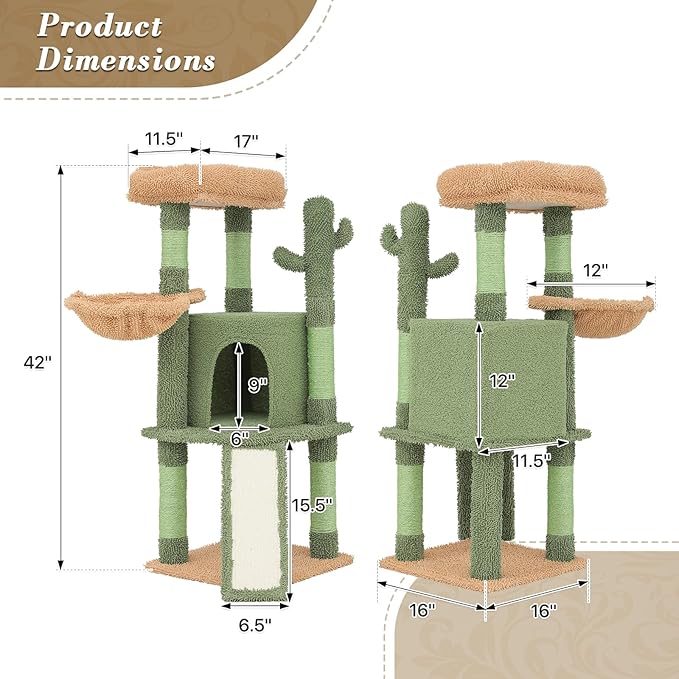 Athena Collection Small Cat Tree Tower with Scratching Post, 42 Inch Modern Cute Cat Tree Condo with Cozy Perch Basket Hanging Ball Climbing Ramp for Kittens Indoor Climbing, Light Green