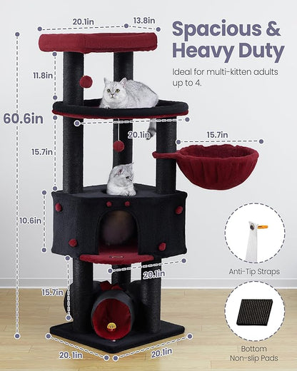 Cat Tree Tower for Indoor Cats Large Adult - Heavy Duty Extra Wide Scratching Post (φ4.4in) Maine Coon Condo House with Hammock Tunnel - 60 Inch XL Feline Bed Trees - Big Multi Level Cat Houses Stand