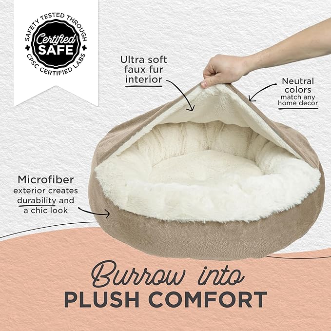 Best Friends by Sheri Cozy Cuddler Ilan Covered Cat and Dog Bed with Attached Blanket, Wheat, 24"x24"