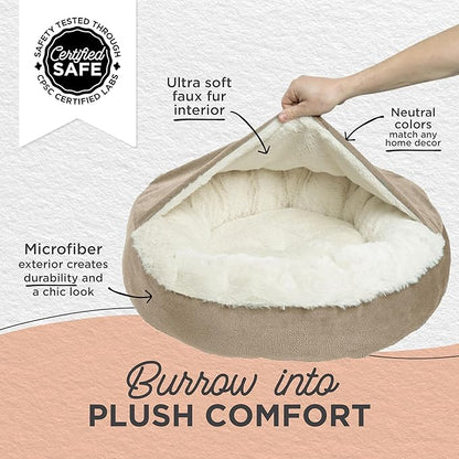 Best Friends by Sheri Cozy Cuddler Ilan Covered Cat and Dog Bed with Attached Blanket, Wheat, 24"x24"