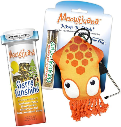 Meowijuana Jump 'n' Jamb Door Hanging Cat Toy Bundle | Deep Sea Squid + Sierra Sunshine Blend | Refillable Interactive Catnip Toy | Promotes Play and Cat Health | Potent Catnip Grown in North America