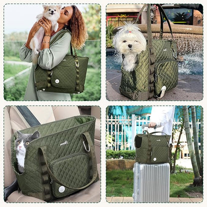 Pecute Dog Purse Carrier, Dog Carrier with Pockets for Small Dogs, Fits Dogs 5.5 lbs to 11 lbs, Cat and Puppies Tote Bag, Outing, Travel, Vet, Green