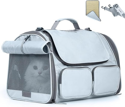 FUKUMARU Cat Carrier, Soft-Sided Small Dog Carrier, Large Cat Travel Bag with 4 Mesh Windows, Under 15 lb Airline Approved Pet Carrier with 4 Storage Pockets, Rollable Cover for Nervous Cats, Grey