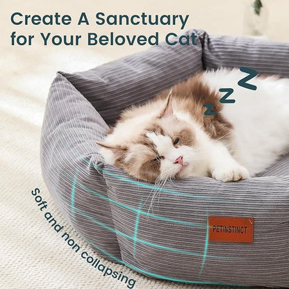 Petinstinct Cat Bed, 22 Inch Washable Corduroy Cat and Small Dog Bed with Removable Cover & Anti-Slip Bottom, Calming Comfort Pet Bed for Pets up to 15 lbs (Gray)