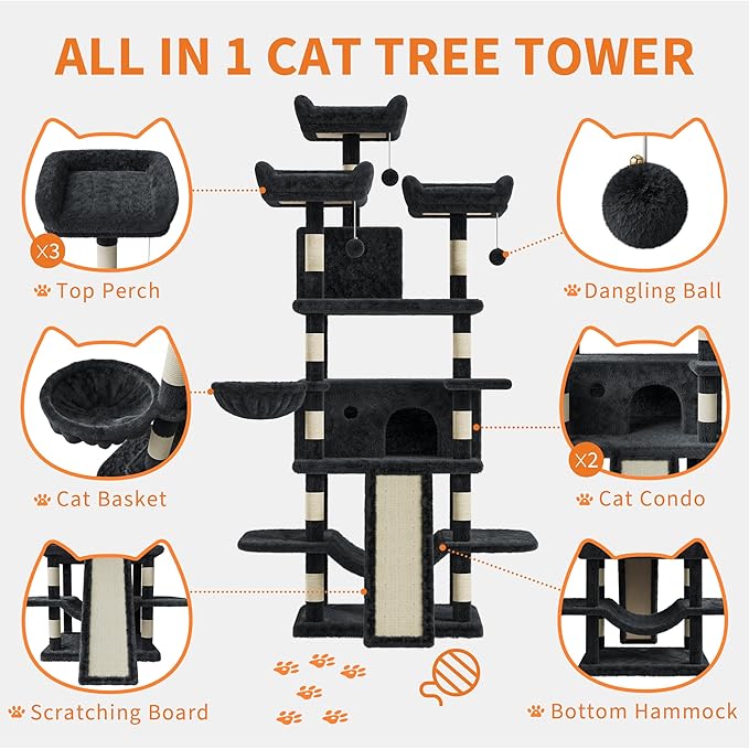 68.5 Inch Tall Cat Tree Tower, Heavy Duty Multi-Level Cat Tower with Scratching Posts, Condo, Plush Perches, Hammocks, Basket & Dangling Balls, Cat Furniture for Indoor Cats, Dark Grey