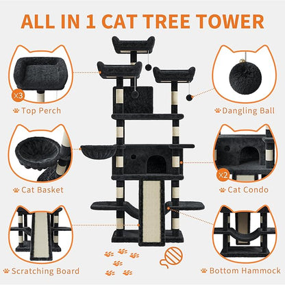 68.5 Inch Tall Cat Tree Tower, Heavy Duty Multi-Level Cat Tower with Scratching Posts, Condo, Plush Perches, Hammocks, Basket & Dangling Balls, Cat Furniture for Indoor Cats, Dark Grey