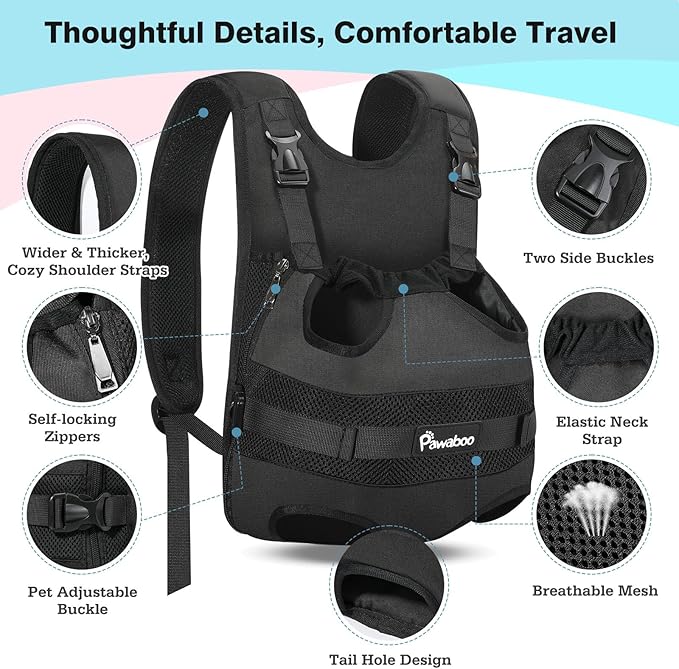 Pawaboo Pet Dog Front Carrier Backpacks, Legs Out Pet Carrier Backpack for Dogs, Adjustable Easy-fit Dog Chest Carriers for Small Medium Dogs Hands Free for Travel Hiking Cycling Camping, S, Black