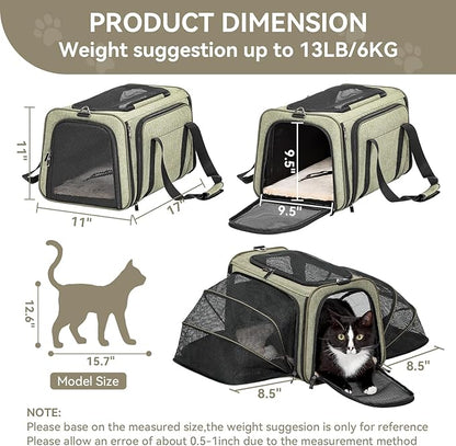 Petsfit Expandable Cat Dog Carrier Airline Approved, 17" L x 11" W x 11" H Soft-Sided Portable Pet Travel Carrier for Kitten, Puppy, Removable Soft Plush Mat and Pockets, Auto-Locking Zippers