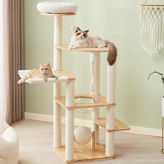 60-inch Modern Cat Tree,Solid Wood Cat Tower with Scratching Post, Hammock, Cotton Nest, Space Capsule, Cat Scratching Ball and Rope for Indoor Cats