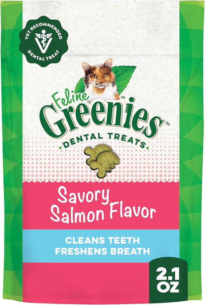 Greenies Feline Veterinarian-Recommended Adult Natural Dental Cat Treats, Savory Salmon Flavor, 2.1 oz. Pouch