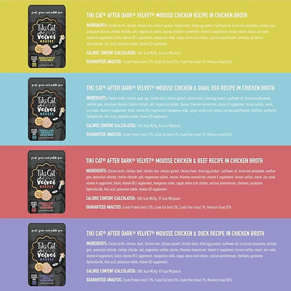 Tiki Cat After Dark, Velvet Mousse, Variety Pack, Grain & Potato Free Formula, with High Protein & Nutrient Dense Blended Irresistible Organ Meat, 2.8 oz. Pouch (Pack of 12)