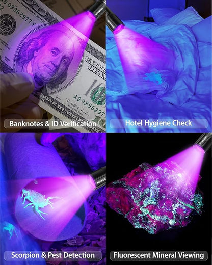 Black Light Flashlight, UV Light USB C Rechargeable with LCD Display, Zoomable Woods Lamp 2N1, 395NM Blacklight for Pet Urine Detection, Resin Curing, Rocks, Travel, Minerals, Scorpion, Glass, Leak