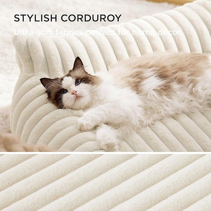 Bedsure Cute Cat Couch for Pets - Fluffy Cat beds with Premium Soft Corduroy Fleece, Fuzzy Cats beds for Indoor Cats with Removable Washable Cover, Supportive Pet Sofa, 24inch, Cream
