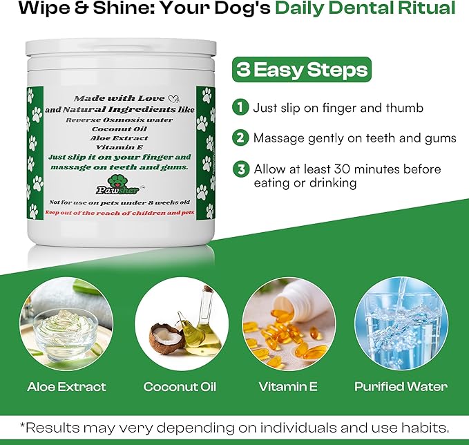 Dog Teeth Cleaning Wipes - Natural Coconut Oil & Aloe - Dental Wipes for Dogs - No-Rinse Pet Dental Finger Wipes - 50 Count
