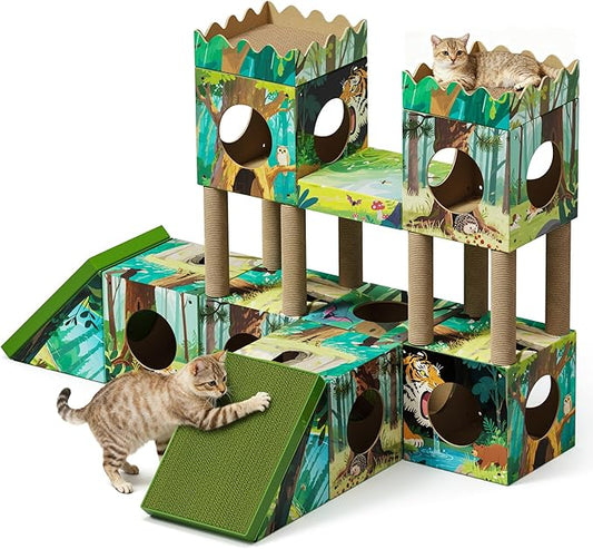 Cardboard Cat Tree, 3-in-1 Multi-Level Cat Tree Tower with Scratching Posts, Scratching Board, Tunnel & Playhouse for Kittens & Medium Cats, Recyclable 61.02″ × 36.61″ × 40.2″, Green Forest