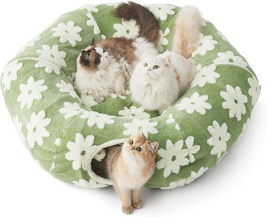Lesure Large Cat Tunnel Bed - Cute Donut Bed for Indoor Cats with Washable Circle Cushion, Round Pet Peekaboo Cave Toy for Multi Kitten/Puppy/Rabbit, Large Flower Garden Green