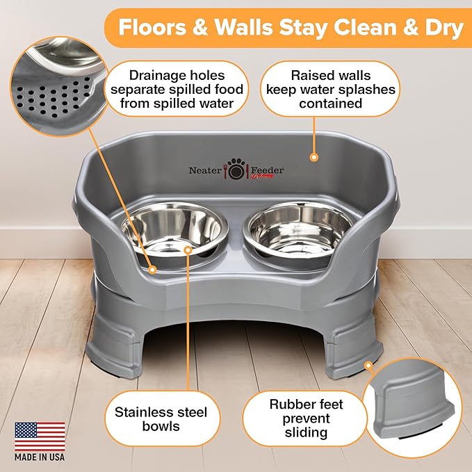 Neater Feeder Deluxe Mess Proof Cat Bowls Elevated for All Breeds – Made in USA – No Spill Raised Cat Bowls for Indoor Cats w/Leg Extensions – Stainless Steel Cat Food and Water Bowl Set - Grey