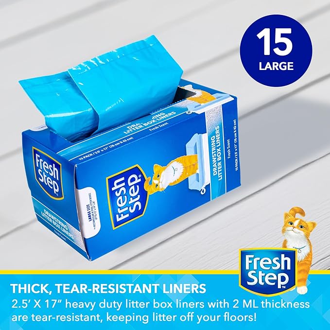 Fresh Step Drawstring Cat Litter Box Liners, Fresh Scent - Kitty Litter Bags for Rectangle or Oval Large Litterboxes, Size Large, 30" x 17" - 15 Count