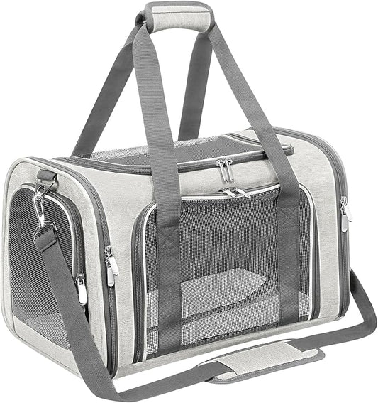 Soft-Sided Cat/Dog/Pet Carrier, Collapsible Pets Travel Carriers for Big Cats/Small Dogs with Shoulder Strap & Removable Mat, Mesh Puppy Carry Bag, Up to 16 Lbs, TSA Airline Approved(Beige)