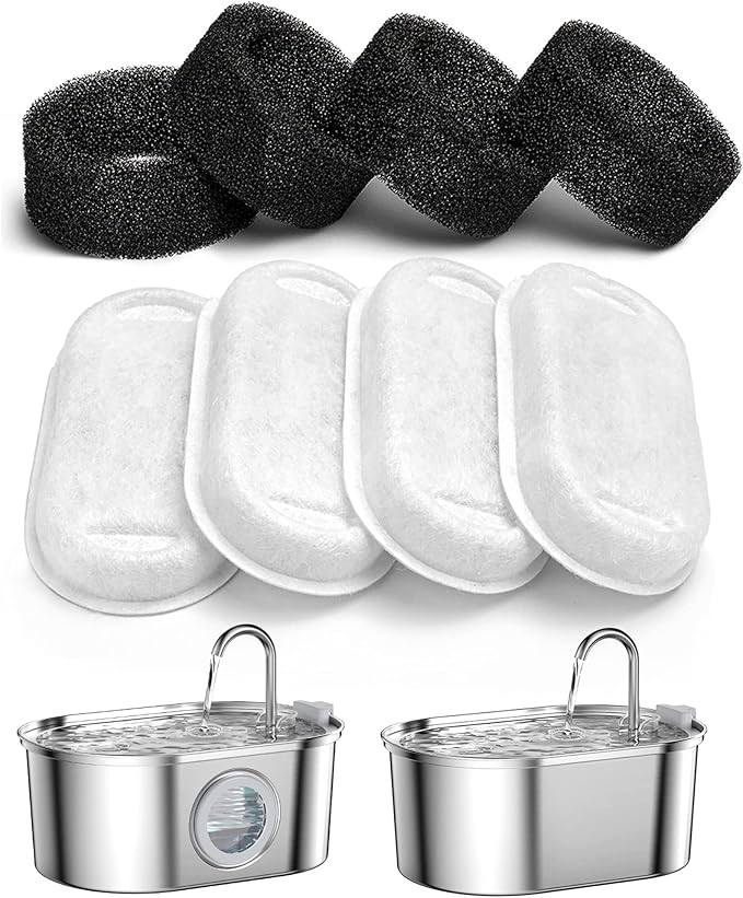SOOFPET Stainless Steel Cat Water Fountain Filters: 8-Pack (Carbon + Foam) - Replacement for 108oz/3.2L Dog Bowl Dispenser