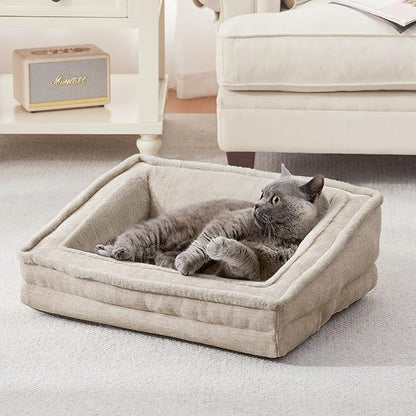 Cat Couch for Pets, Washable Cat Beds for Indoor Cats, Super Soft Plush Supportive Dog Couch Bed for Puppy and Kitten with Anti-Slip Bottom, 24inch, Beige