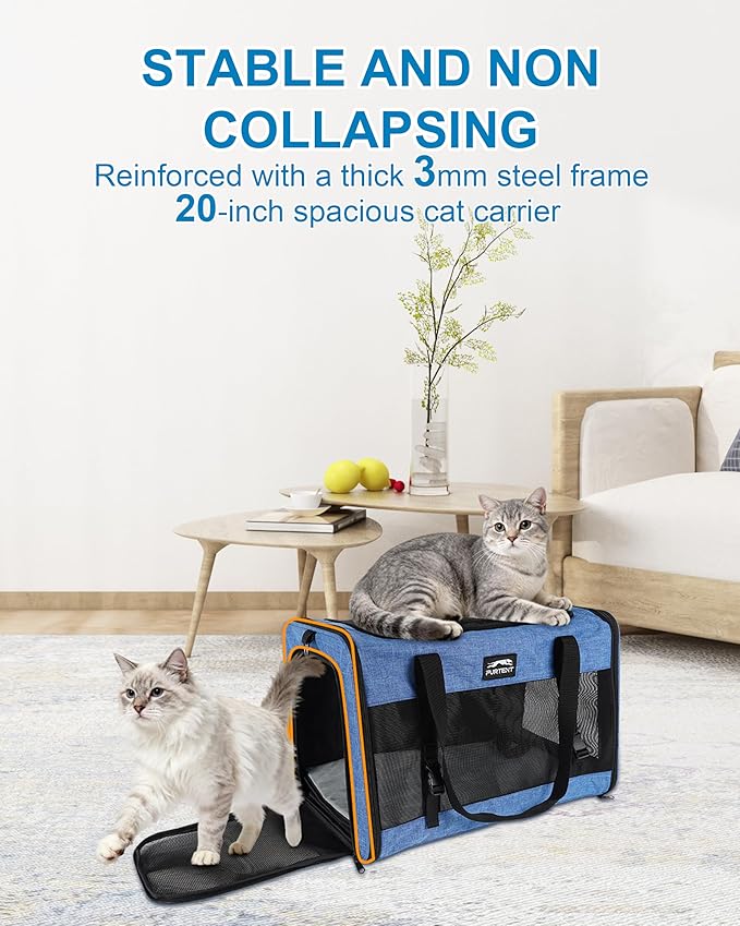 Soft-Sided Large Cat Carrier for 2 Cats, Spacious Foldable Pet Travel Carrier for Large Cats up to 25 Lbs, Double Cat Bag with Shoulder Strap, 20x13x13 Inch, Fits Maine Coon and Small Dogs, Blue