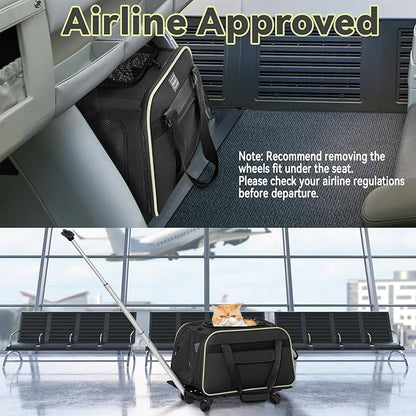 Petsfit Cat Carrier with Wheels Airline Approved, Pet Dog Carrier with Wheels for Small Dogs, Rolling Cat Carrier for Cats Puppy Stroller Detachable and Foldable Pet Travel Bag, Black&Green