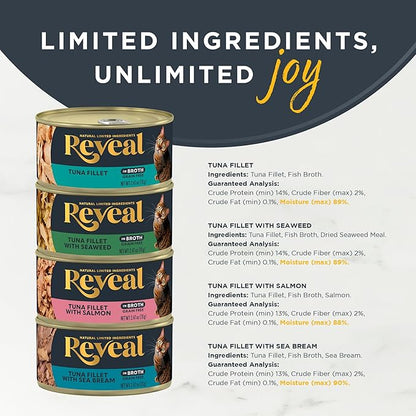 Reveal Natural Wet Canned Cat Food, Limited Ingredient, Grain Free, High Protein with No Artificial Additives, Fish Variety in Broth (20 x 2.47 oz Cans)